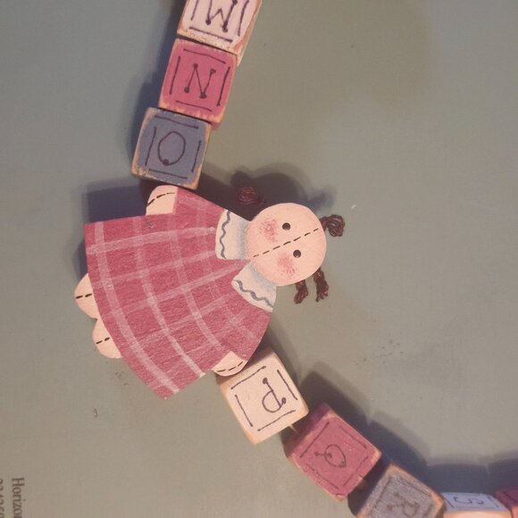Handmade Wooden Alphabet Letter Block Garland Necklace with Ragdoll Boy & Girl - Picture 5 of 8